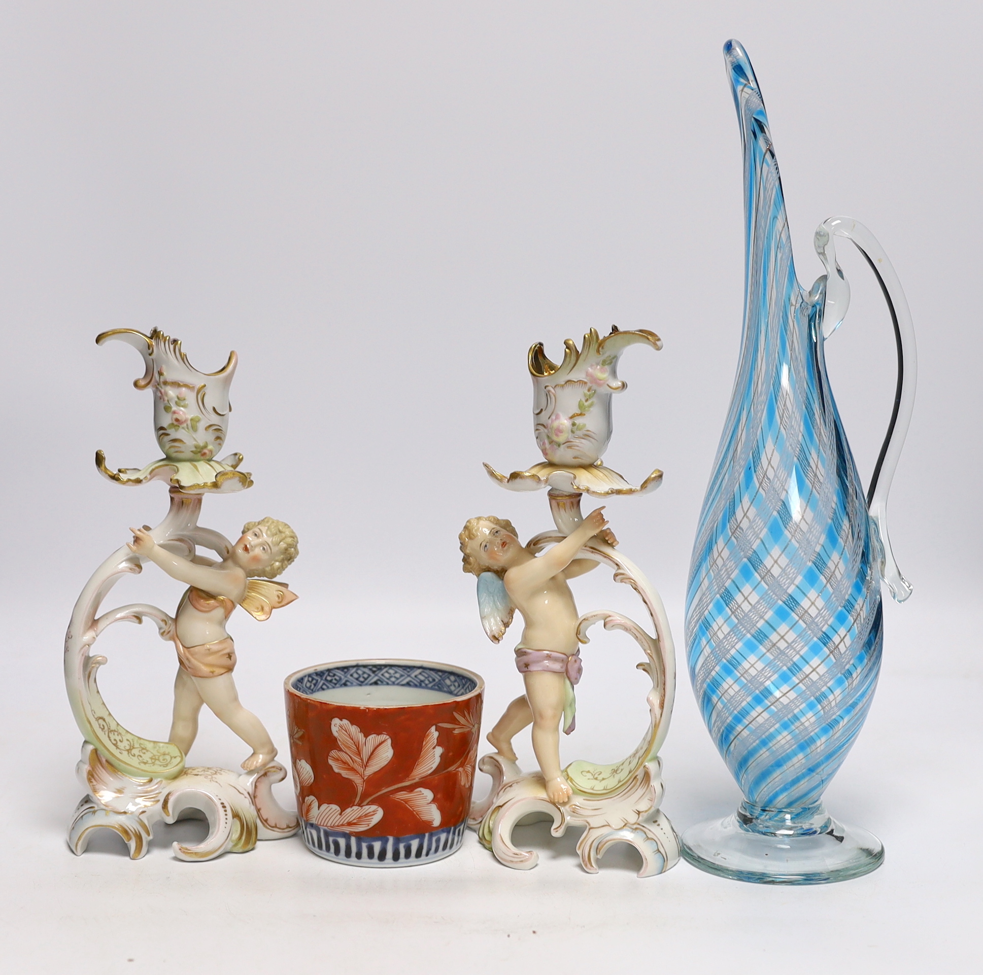 A group of mixed ceramics and glassware including an art glass jug, a leaf dish and a late 19th / early 20th century continental porcelain figures including Volkstedt, largest 32cm high